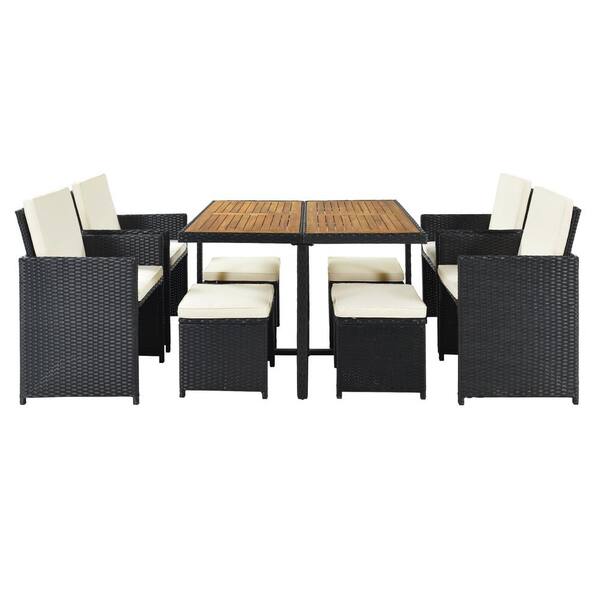 Unbranded 9 -Piece Black All-Weather PE Wicker Wood Outdoor Dining Table Set Tabletop for 8, with Beige Cushions
