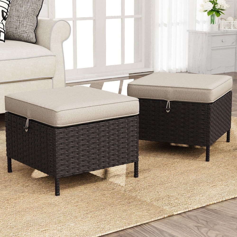 2-Piece Wicker Outdoor Patio Ottoman with Soft Zippered Beige Cushions price history on PriceWatchPro