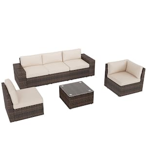 6-Piece Rattan Wicker Steel Patio Outdoor Sectional Set and Coffee Table with Beige Cushions and Set Covers