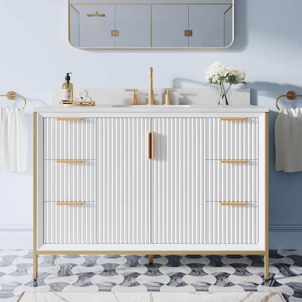 ANGELES HOME 48 in. W x 22 in. D x 35 in. H Solid Wood Modern Bathroom Vanity in White with Gold Trim, Quartz Top with Single Sink