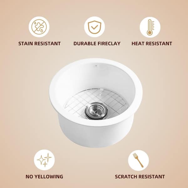 Oslo 18.5 In. Drop-In/Undermount Round Single Bowl In White Fireclay Kitchen Sink With Bottom Grid And Basket Strainer