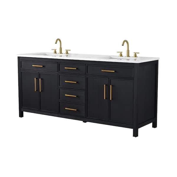 Logan 72 in. W Bath Vanity in Ebony with Engineered Stone Top in Carrara White with White Sinks