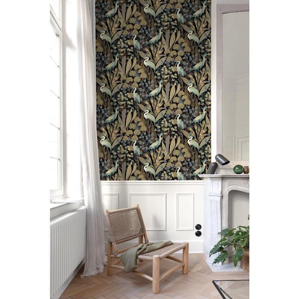 Black Heron Birds Tropical Printed Non-Woven Paper Non Pasted Textured Wallpaper 57 sq. ft.