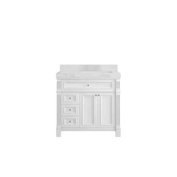 Willow Collections Paris 36 in. W x 22 in. D x 36 in. H Right Offset Sink Bath Vanity in White with 2 in. Calacatta Nuvo qt. Top