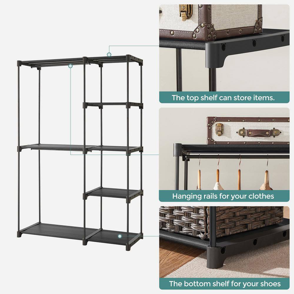 Black Freestanding Closet Organizer with Hanging Rods and Shelves