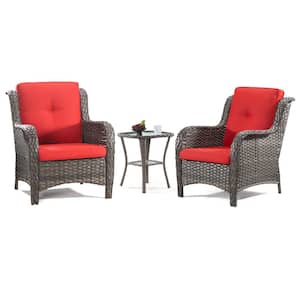 3-Piece Wicker Patio Outdoor Lounge Chair Set with Red Cushions and Side Table