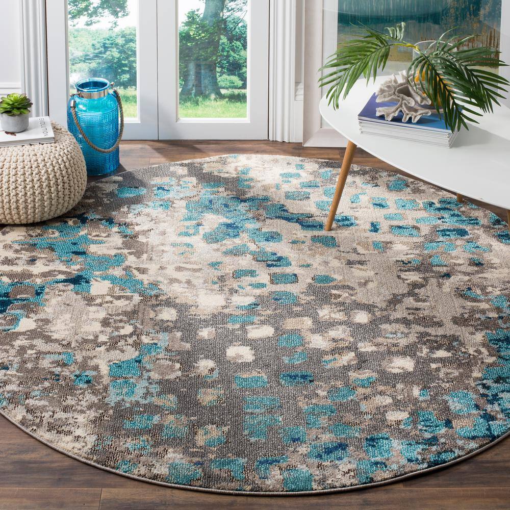 Boho-Chic Grey and Light Blue Round Synthetic Area Rug, 3' x 3'