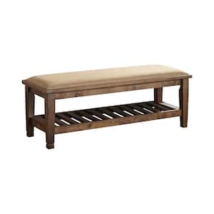 Burnished Oak and Beige Bench with Lower Shelf 18.5in x 50.5in x 17.75in