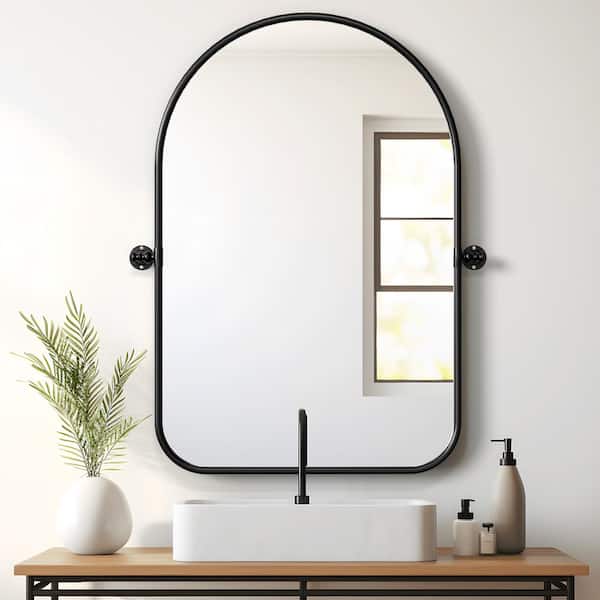 Lirago 24 in. W x 35 in. H Arched Metal Framed Pivoted Bathroom Wall Vanity Mirror Round Corners in Black