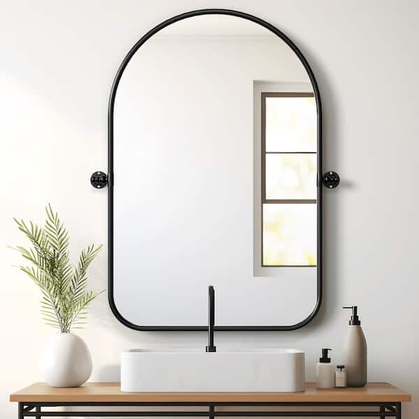 PexFix 24 in. W x 35 in. H Arched Metal Framed Pivoted Bathroom Wall Vanity Mirror Round Corners in Black