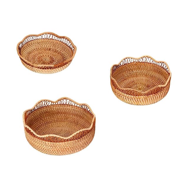 3 Set Rattan Bread Basket for Serving, Wicker Bread Basket Woven Round Fruit Serving Bowl for Kitchen Counter Decor