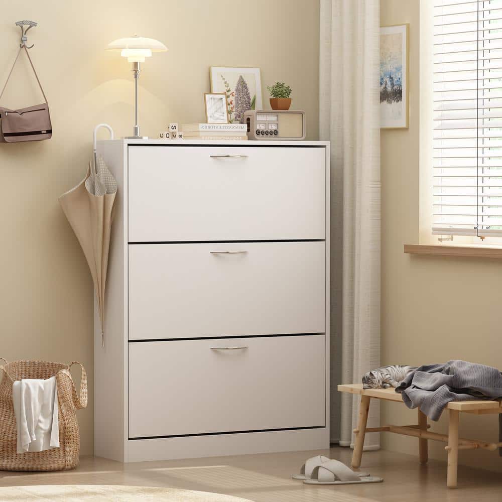 White MDF 3-Drawer Shoe Storage Cabinet with Metal Handles