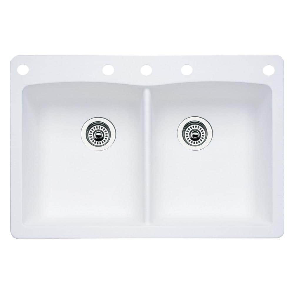 Blanco Diamond Dual-Mount Granite 33 in. 5-Hole 50/50 Double Bowl Kitchen  Sink in White 440221-5 The Home Depot