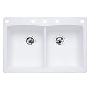 Diamond Dual-Mount Granite 33 in. 5-Hole 50/50 Double Bowl Kitchen Sink in White
