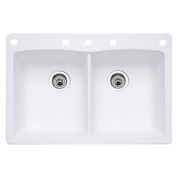 Blanco Diamond Dual-Mount Granite 33 in. 5-Hole 50/50 Double Bowl Kitchen Sink in White
