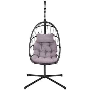 Aluminum Wicker Outdoor Patio Swing Egg Chair with Stand and Gray Cushion
