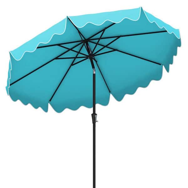 WELLFOR 9 ft. Metal Market Tilt Patio Umbrella in Turquoise with Scalloped Edges with Crank Handle and Push Button Pool Umbrella