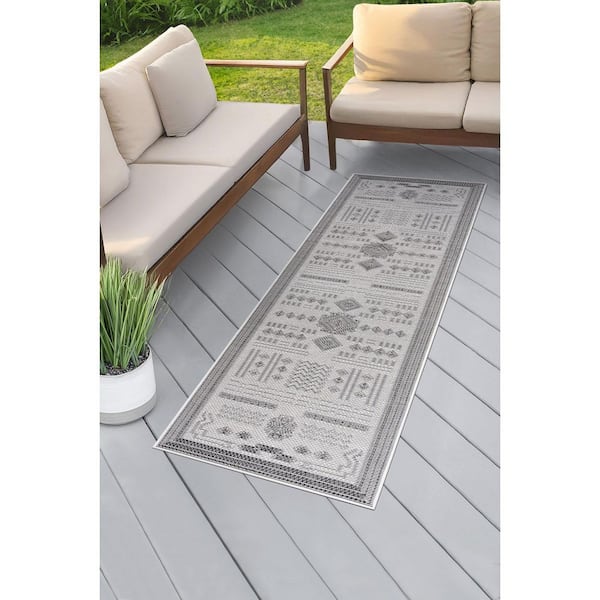 Bailey Dark Gray 2 ft. x 7 ft. Transitional Geometric Flat Weave Polypropylene Runner Indoor/Outdoor Runner Rug
