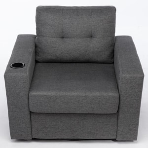 Grey Linen Swivel Accent Armchair with USB Port Ergonomic Casual 90-Degree Swivel Single Sofa Seat with Drink Holder