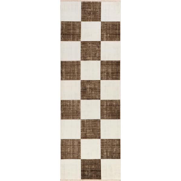 3 ft. x 8 ft. Brown Aspen Checkerboard Fringed Indoor/Outdoor Runner Rug