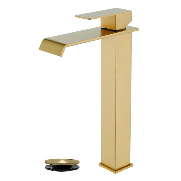 Unbranded Single Handle Vessel Sink Faucet with Pop-Up Drain, Waterfall Tall Single Hole Bathroom Sink Faucet in Brushed Gold