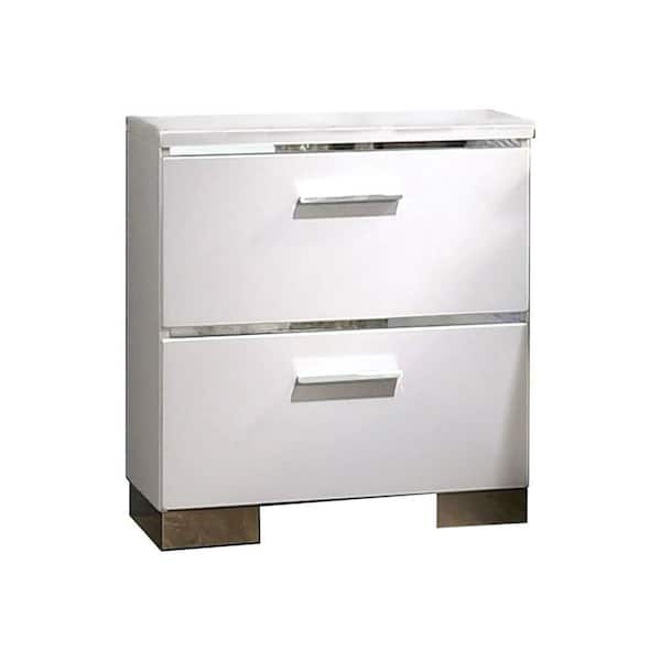 Benjara White and Chrome 2-Drawer 15.38 in. Wooden Nightstand