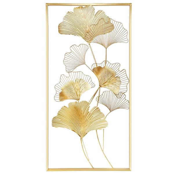 Unbranded Metal Wall Decor, 39 in. x 20 in. Gold Ginkgo Leaf Wall Hanging Decor with Frame, Golden Metal Art Wall Sculpture