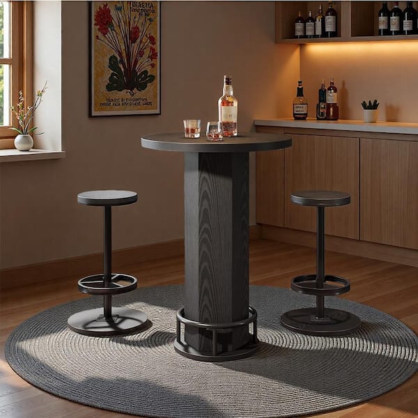 Kearsten Black Round 37.8 in. H Wood Bar Table Set with 2-Barstools, Industrial Bistro Table