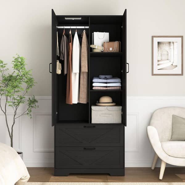 Black 31.5 in. Engineered Wood Wardrobe Armoire with Interior Light, Drawers, Mirror Door and Hanging Rod