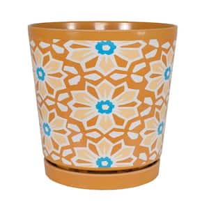 8.75 in. Dia. Terracotta Geometric Pattern Melamine Pot with In-Line Saucer
