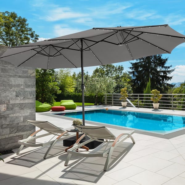 ANGELES HOME 15 ft. Steel Double-Sided Market Patio Umbrella With 48 LED Lights and Bottom Base With Sand Bags in Gray