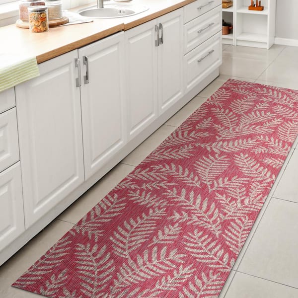 JONATHAN Y Nevis Palm Frond Fuchsia/Light Gray 2 ft. x 10 ft. Indoor/Outdoor Area Rug