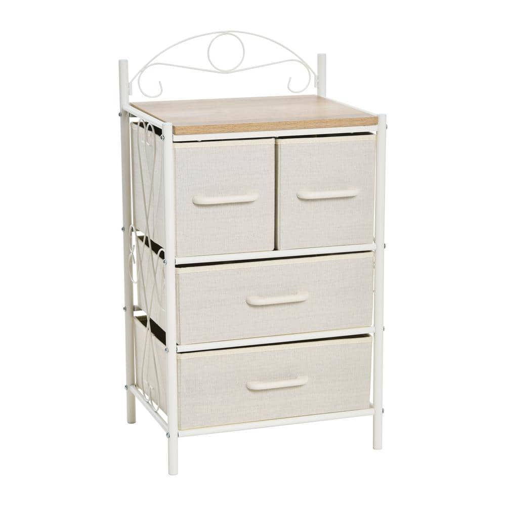 Victorian Style White Metal Frame 4-Drawer Storage Unit with Coastal Oak Top