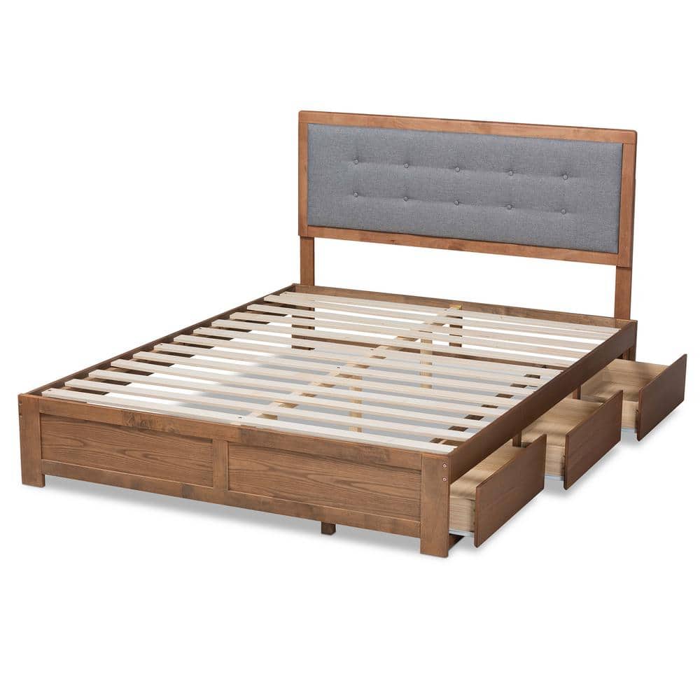 Ash Walnut King Upholstered Storage Bed with Tufted Headboard