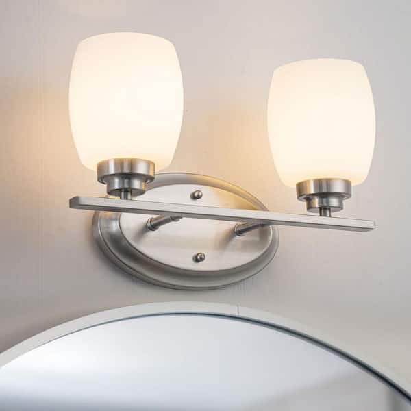 14.5 in. 2-Light Satin Nickel Bathroom Vanity Light with White Opal Glass (1-Pack)
