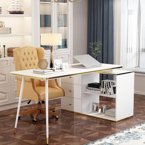 FUFU&GAGA 55.1 in. Width L-Shaped White & Golden Wooden 3-Drawer Writing Desk, Computer Desk with 2 Open Shelves