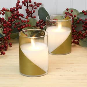 Wraparound Gold Battery Operated LED Glass Candles with Moving Flame (Set of 2)