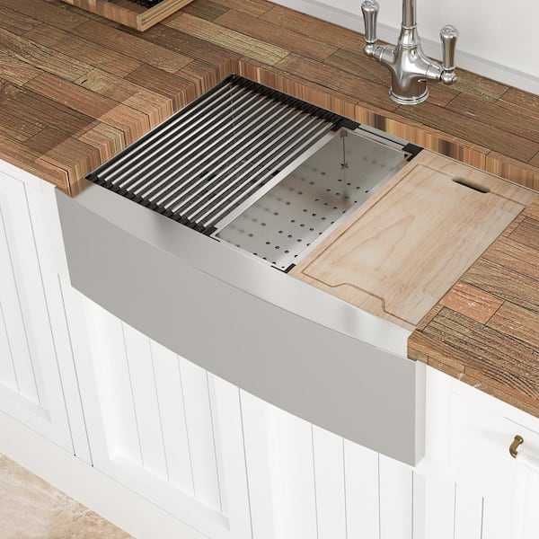 Coporesell 33 in. Farmhouse Single Bowl 18-Gauge Brushed Nickel Stainless Steel Kitchen Sink with Workstation