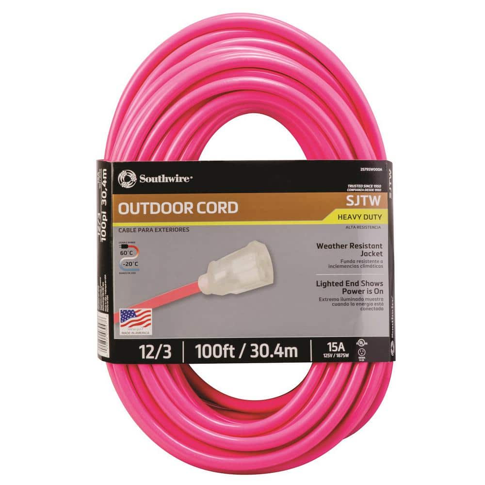 Southwire 100 ft. 12/3 SJTW Outdoor Heavy-Duty Neon Pink Extension Cord  with Power Light Plug 64823101 The Home Depot