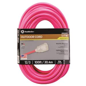 100 ft. 12/3 SJTW Outdoor Heavy-Duty Neon Pink Extension Cord with Power Light Plug