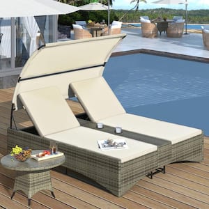 Adjustable Backrest Gray Wicker Outdoor Chaise Lounge with Sunshade Roof, Cup Holders, Storage Space and Cream Cushions
