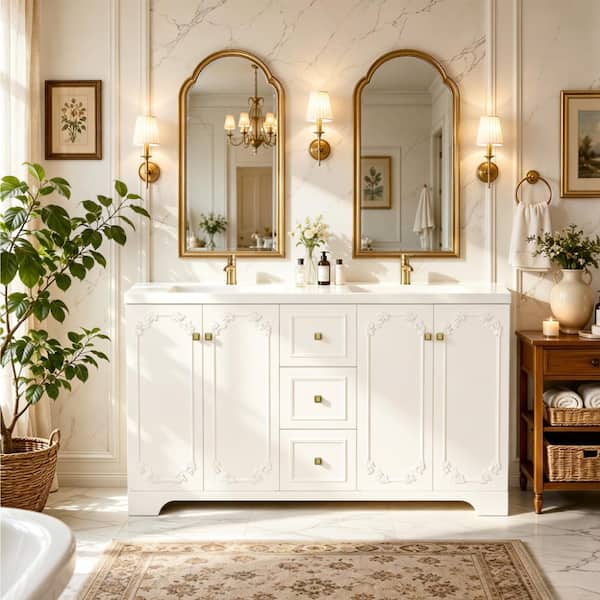 Modern 60" White French-Style Carved Bathroom Vanity with Sink,4 Soft Close Doors and 3 Drawers