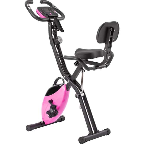 Pink Metal Folding Fitness Upright and Recumbent X-Bike with 16-Level Adjustable Resistance, Arm Bands, Backrest
