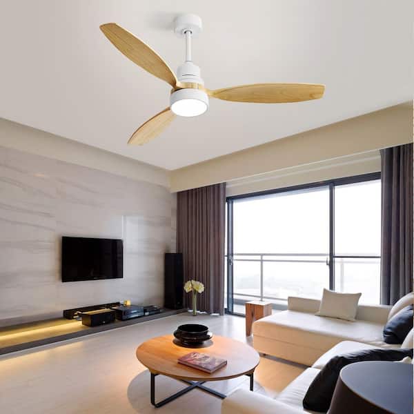 52 in. Indoor Modern Ceiling Fan White 3 Solid Wood Blades Remote Control Reversible DC Motor with Led Light