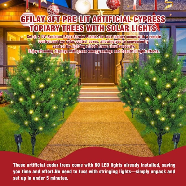 3ft Artificial Cypress Tree Prelit Solar LED UV-Resistant Outdoor