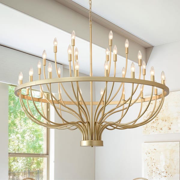 33-Light Modern Gold Candle Chandelier,47 in. Farmhouse Wagon Wheel Chandelier HighCeiling Pendant Light for Dining Room