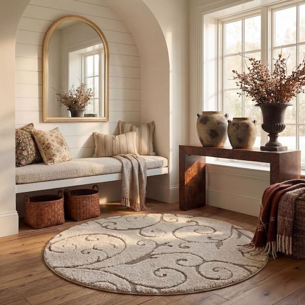 Florida Shag Cream/Beige 8 ft. x 8 ft. Round Floral Area Rug