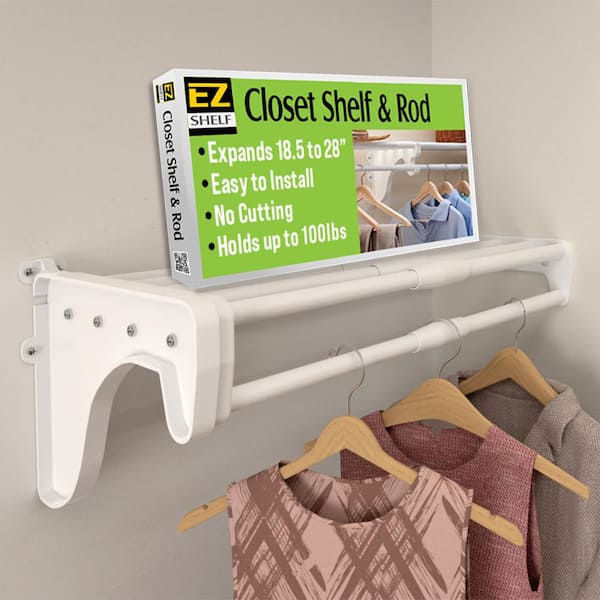 Expandable, Shelving with Rod-Easy Install,18.5 in.-28 in. W x 12 in. D, White, Steel, Wire Closet Shelf with Closet Rod