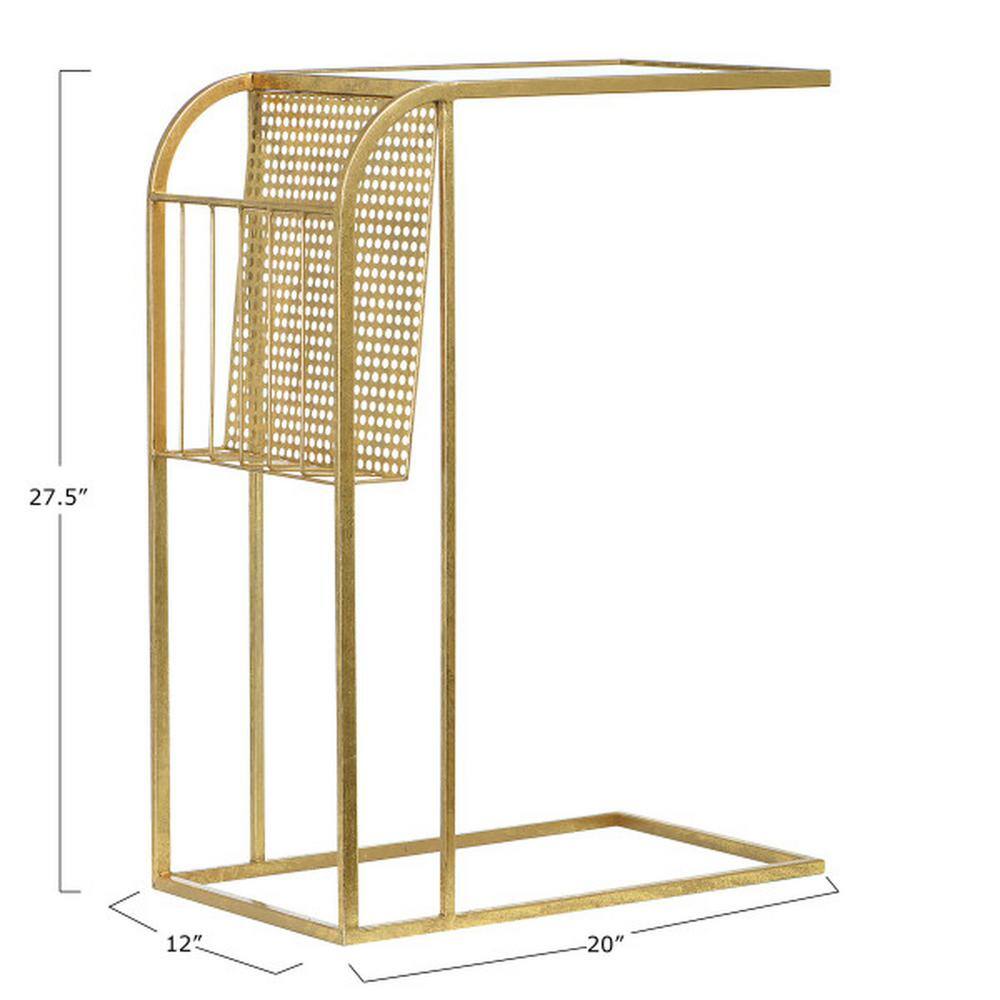 Gold Mirrored Metal Side Table with Magazine Rack, 27.5"