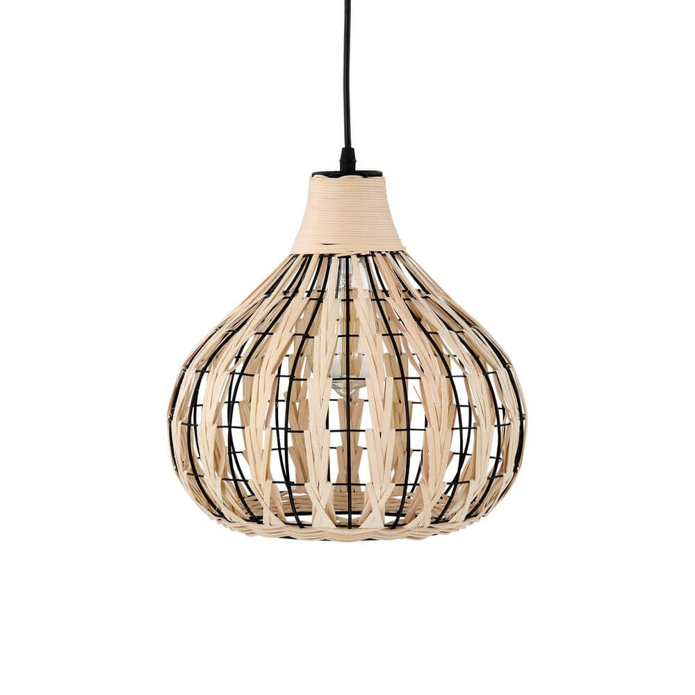 Warehouse of Tiffany Zilpah 12 in. 1-Light Indoor Matte Black and Woven Rattan Finish Pendant with Light Kit